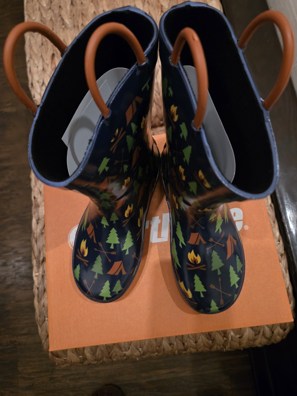 Northside Navy Kids Rain Boots with Green Tree & Orange Campfire Print
